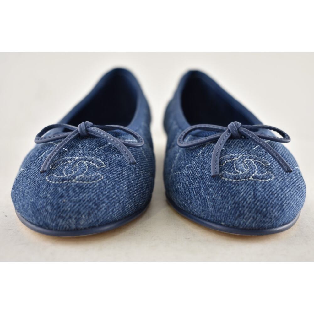 Chanel 26P Washed Denim Blue Quilted CC Logo Bow Tie Ballet Ballerina Flat 37.5 - Picture 12 of 16